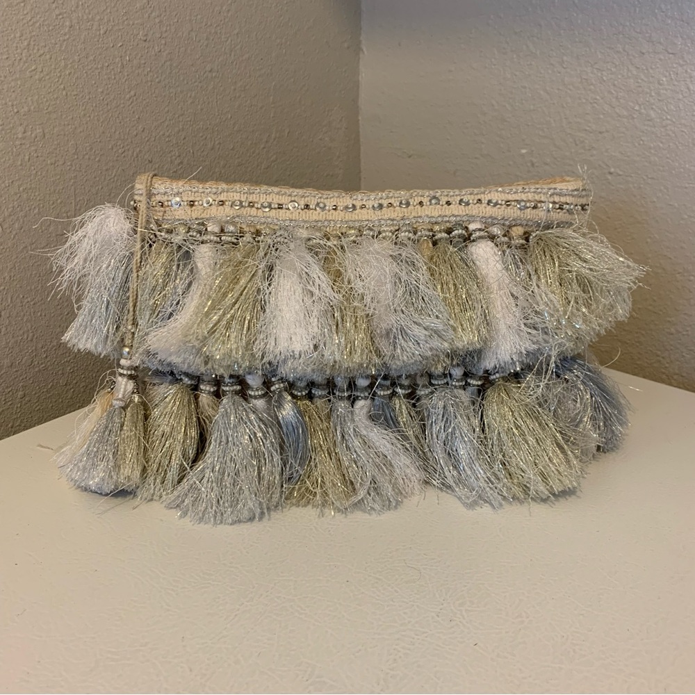 Christophe Sauvat Metallic Tassel Zippered Boho Clutch NWOT